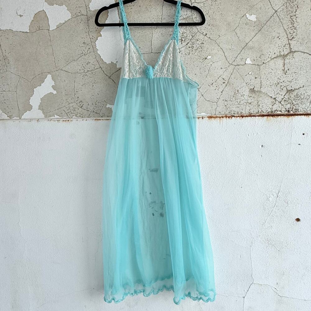 Vtg 60s Babydoll Nightgown Maxi Slip Dress Sheer Aqua Chiffon Lettuce Hem Fairy
